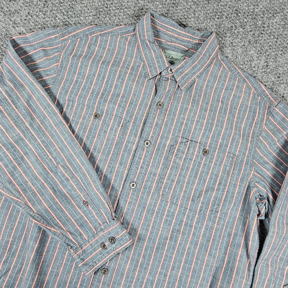 LL Bean Mens L Reg Blue‎ Red Stripe Long Sleeve Button Down Casual Shirt
